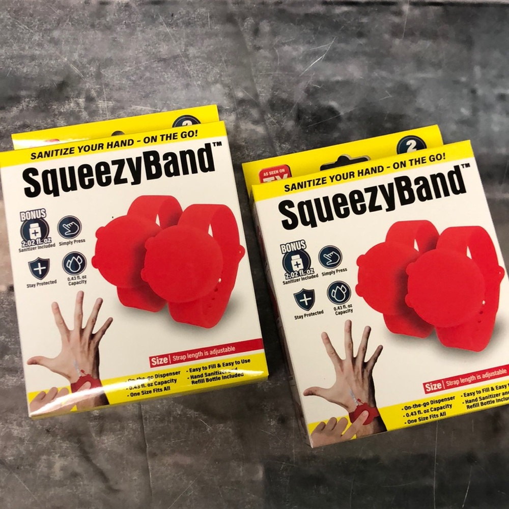 4 SQUEEZYBAND bracelets sanitizer sanitize on the go As Seen On TV (2 packs 2x2)